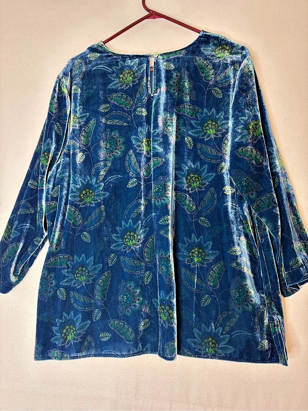 J.Jill Blue Floral Velvet Tunic Top 3/4 Sleeve Side Slits Whimsigoth Boho XL - Picture 2 of 7